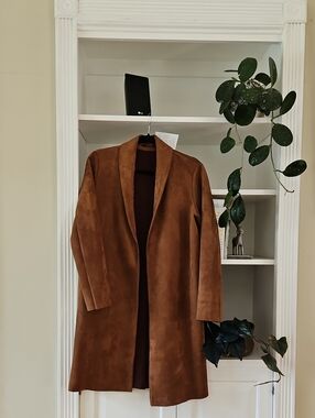 Tahari Long Faux Suede Jacket Coat Xs